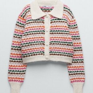 Zara Cream and Pink Striped Knit Cardigan